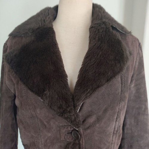 Zara brown long leather coat like new with synthetic fur lining