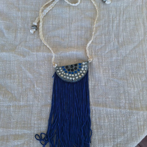 Long necklace with fringes handmade made to order, gray and blue
