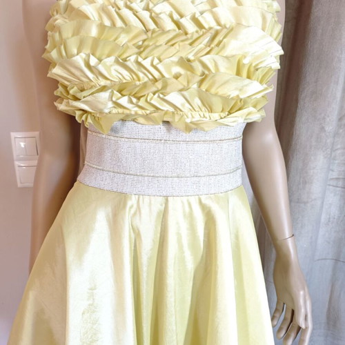 Vintage satin dress s/m with petticoat, strapless with optional straps, yellow