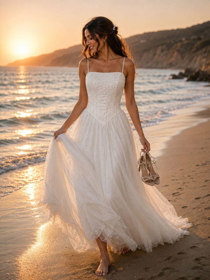 Romantic Beach Bridal Gown size S-M like new, white