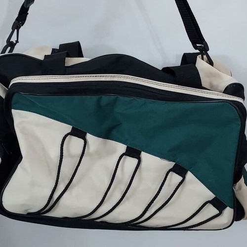 Travel bag large with central and side pockets used, black beige green