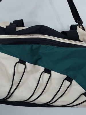 Travel bag large with central and side pockets used, black beige green