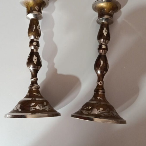 Vintage brass candlesticks with enamel details like new