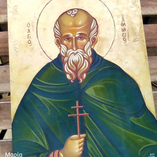Byzantine icon Saint Athanasios handmade on wood with carved design 30x39cm