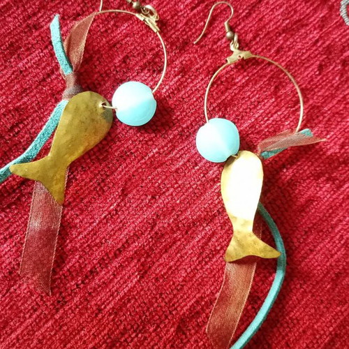Earrings with opalite and brass fish used