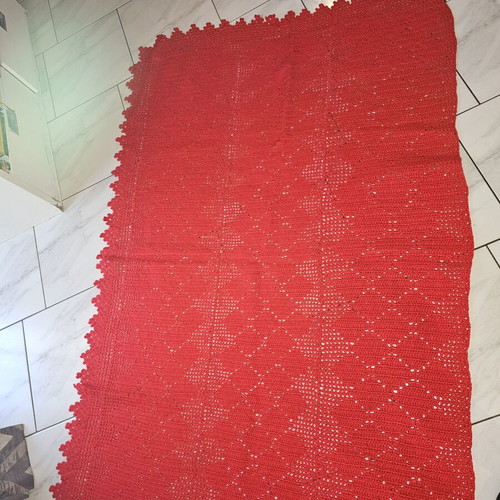 Vintage handmade red crochet blanket and pillow used