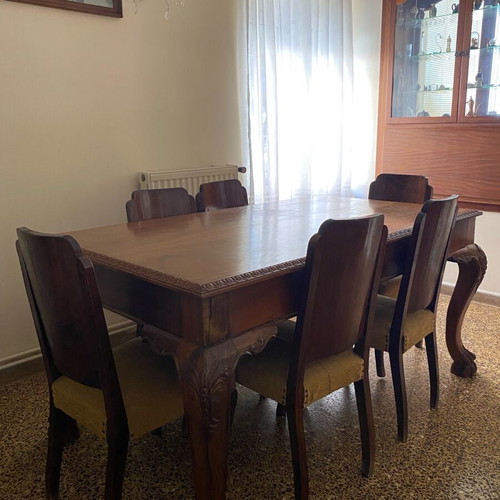 Monastic style dining table used with 6 chairs