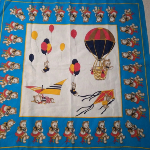 Cotton square scarf with teddy bears like new, white and blue