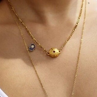 Summer necklace talisman with steel chain, sea urchin and hamsa hand with eye and enamel
