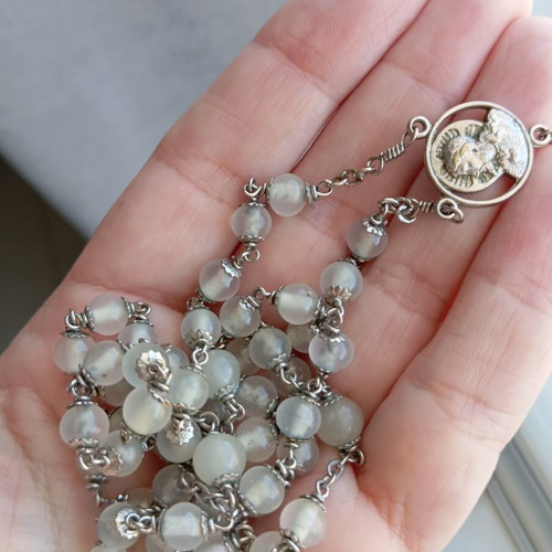 Vintage handmade white rosary with opaline beads and silver details