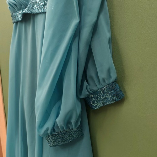 Chiffon evening dress turquoise like new with bolero sleeves