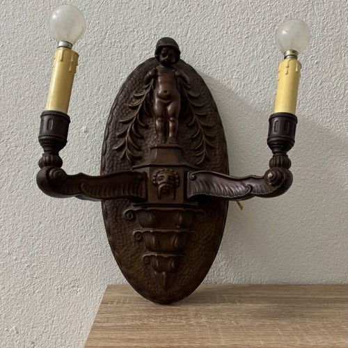 Antique vintage wooden wall sconce with cherub used