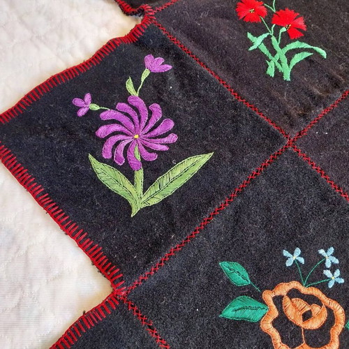 Handmade embroidered wall hanging used, floral patchwork carpet
