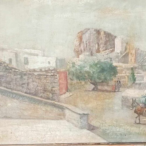 Oil painting on canvas Fort of Naxos used, A. Lefkadios, 1950s