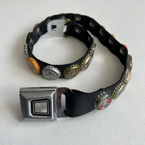 Vintage belt with beer caps used, black, size 70-75 cm