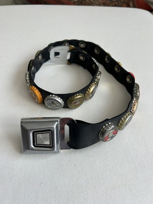 Vintage belt with beer caps used, black, size 70-75 cm