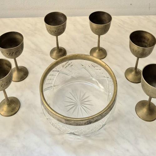 Vintage brass glasses set of 6 and glass bowl used