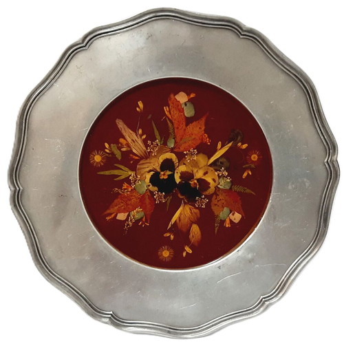 Decorative Pewter Plate with Real Dried Flowers under Resin, 30.5 cm, 1960s