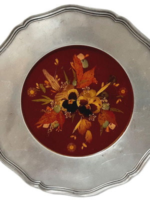 Decorative Pewter Plate with Real Dried Flowers under Resin, 30.5 cm, 1960s