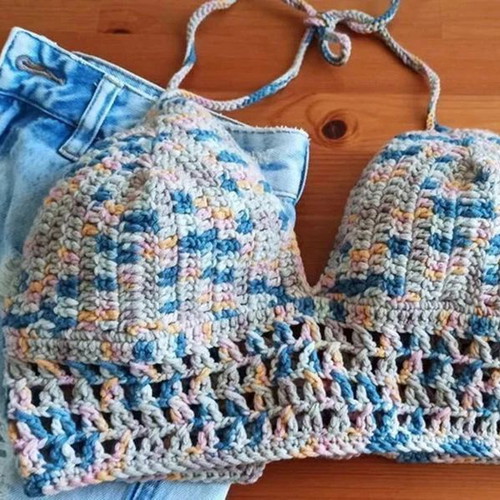 Handmade Crochet Halter Top, multicolor cotton, Medium