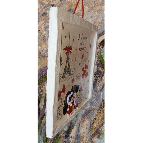 Handmade Saint Valentine frame with loving couple in Paris, new