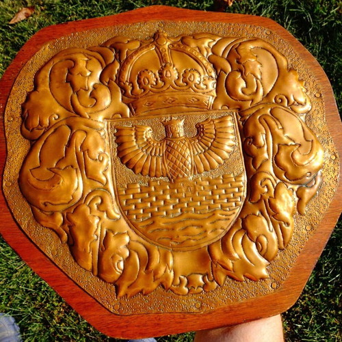 Copper panel with Isis, crown and fortress used, handmade