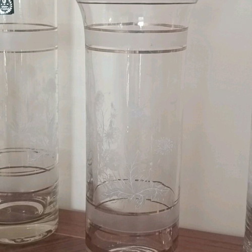 Vintage crystal vases collection with carved design and gold detail, like new, 5 pieces