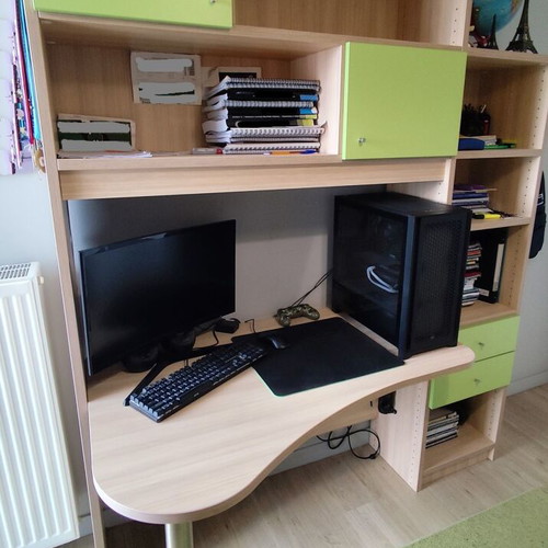 Modeco children's room bookshelf and desk set used, pine and green