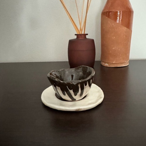 Handmade ceramic espresso cup with plate, new, cream and brown