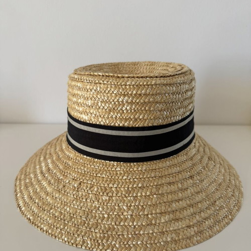 Women’s Straw Rattan Hat with Ribbon CCC like new, size L, beige and black