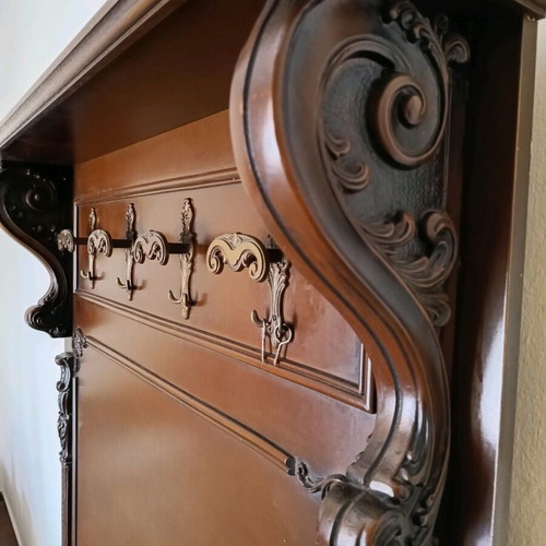 Handmade walnut coat rack used, 1970s with brass hooks
