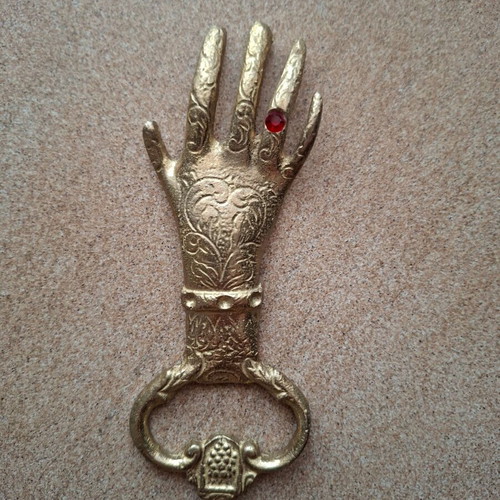 Vintage brass hand-shaped bottle opener used, 1950s-1960s