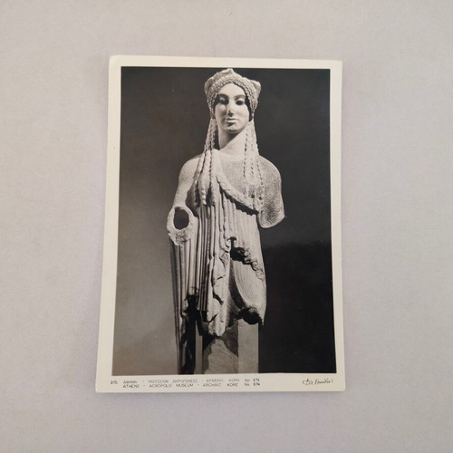Black and white postcard Athens Acropolis Museum Archaic Kore used, 60s era
