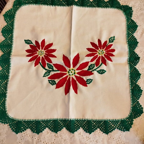 Christmas handmade vintage tablecloth used with embroidery and knitted border