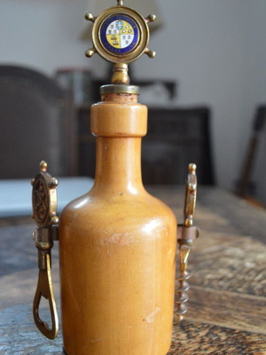 Greek Line T.S.S. Olympia wooden bottle with beer and wine openers used