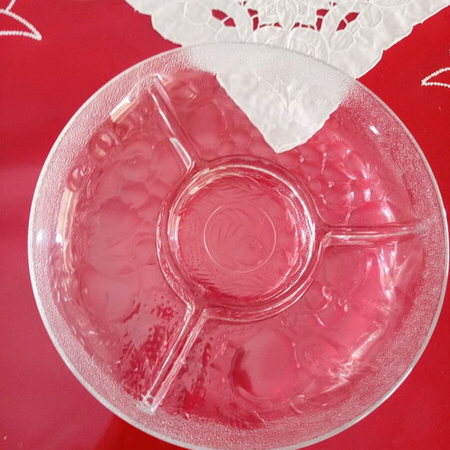 Glass serving platter with 3 compartments used, embossed design