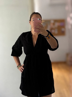 New Look Black Cotton Mini Dress Boho Broderie Anglaise Puff Sleeve Size L