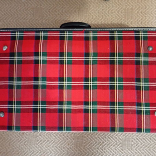 Vintage large suitcase like new, red plaid with black