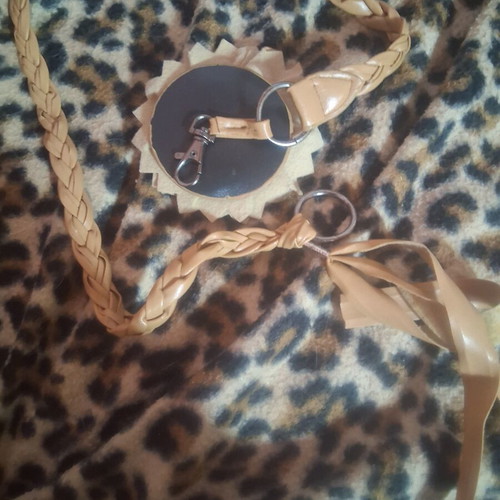 Boho belt used, beige synthetic leather with braided detail and flower