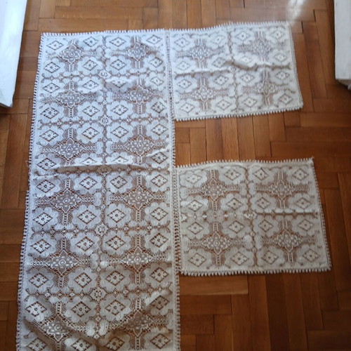 Vintage living room linen set 3 pieces beige woven with cutwork and lace