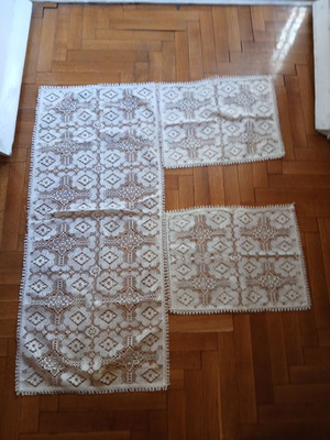 Vintage living room linen set 3 pieces beige woven with cutwork and lace