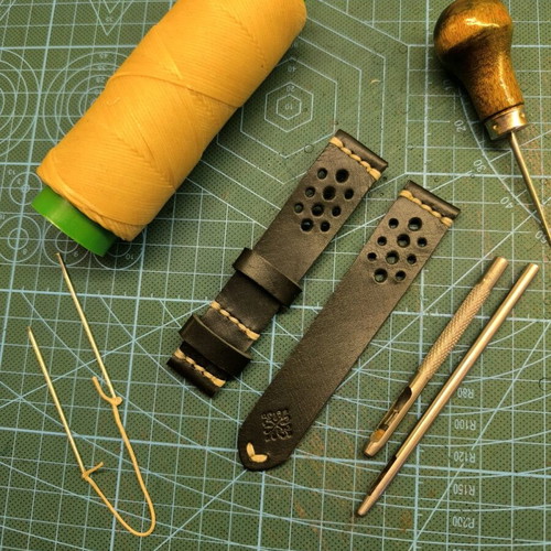Handmade leather watch strap sewn by hand, Racer style