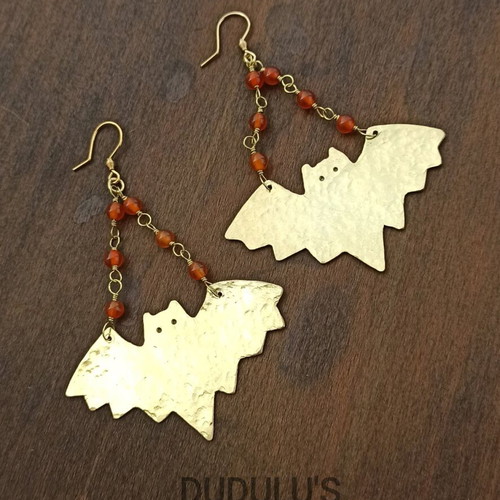 Handmade bat earrings new brass with carnelian stones
