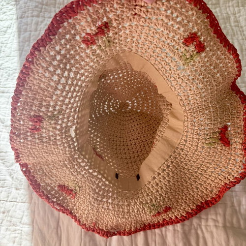 Zara Straw Bucket Hat with Embroidered Cherries used, boho style