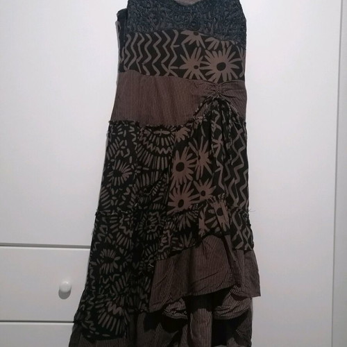 Mia strap dress used brown with black, cotton, size L, asymmetric
