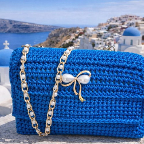 Handmade blue crossbody bag with chain and pearls new