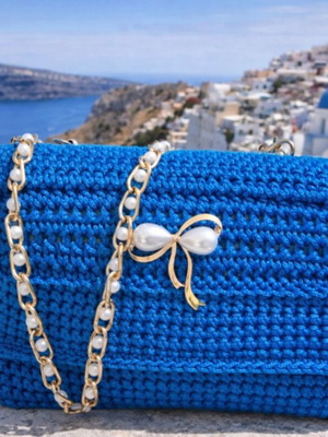 Handmade blue crossbody bag with chain and pearls new