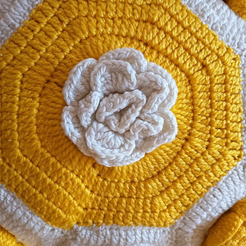 Vintage handmade crochet decorative pillow white and yellow 50 cm