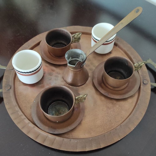 Copper coffee serving tray with cups and cezve set new