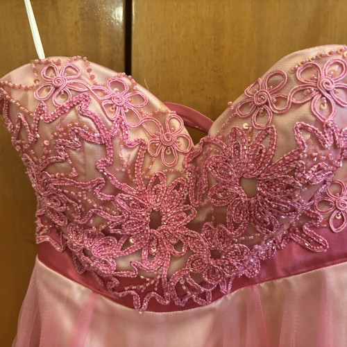 Maestri pink cocktail dress with lace embroidery and tulle, strapless